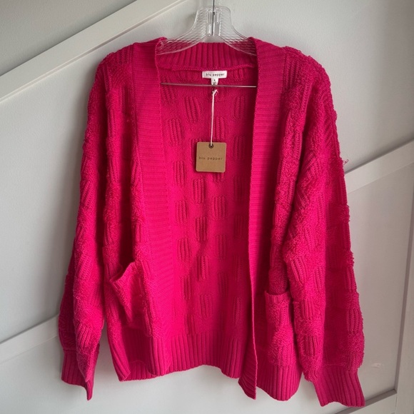 Blu Pepper Checkered Textured Knit Bright Pink Cardigan size S - Picture 5 of 8